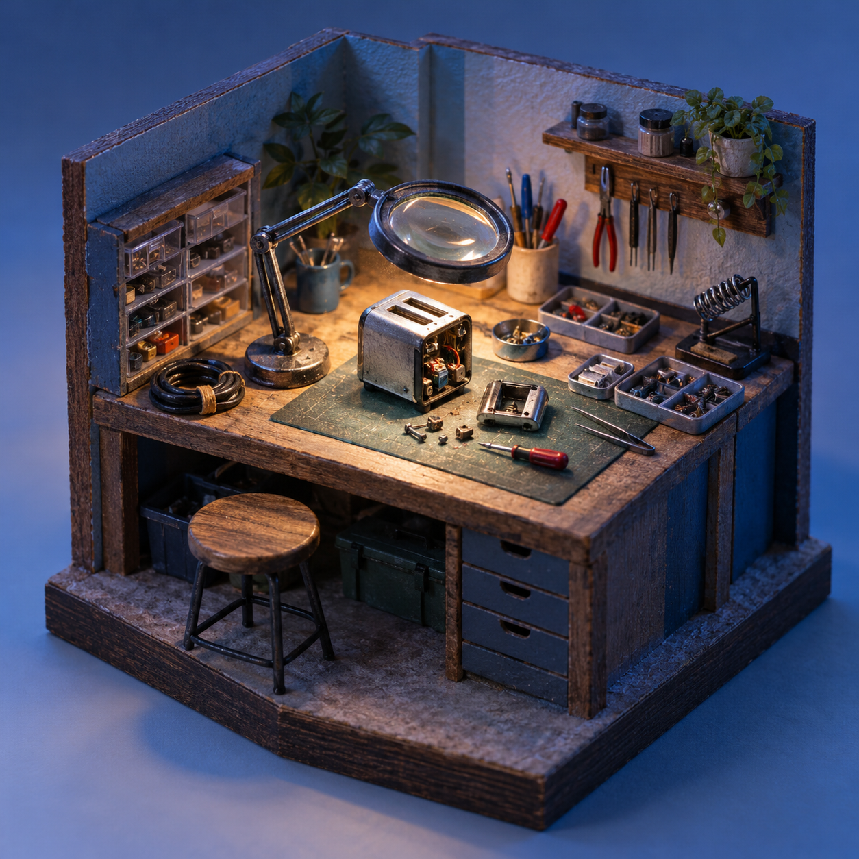 Illustrative scene of small appliance repair bench: an analog magnifier, small component trays, coiled cable